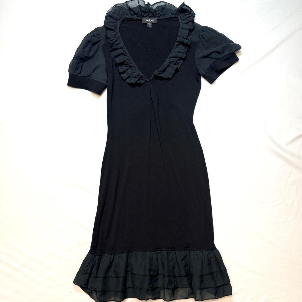Vintage Y2K Bebe Black Ruffled V-Neck Short Sleeve Tiered Mini Dress